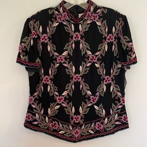 Papell Boutique Silk Beaded Evening Black Embroidered Blouse Elegant Gorgeous